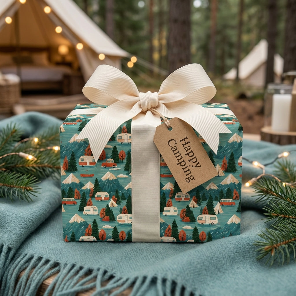 Camping wrapping paper with retro campers and mountains, tied with a cream bow by Wrapped Studios.