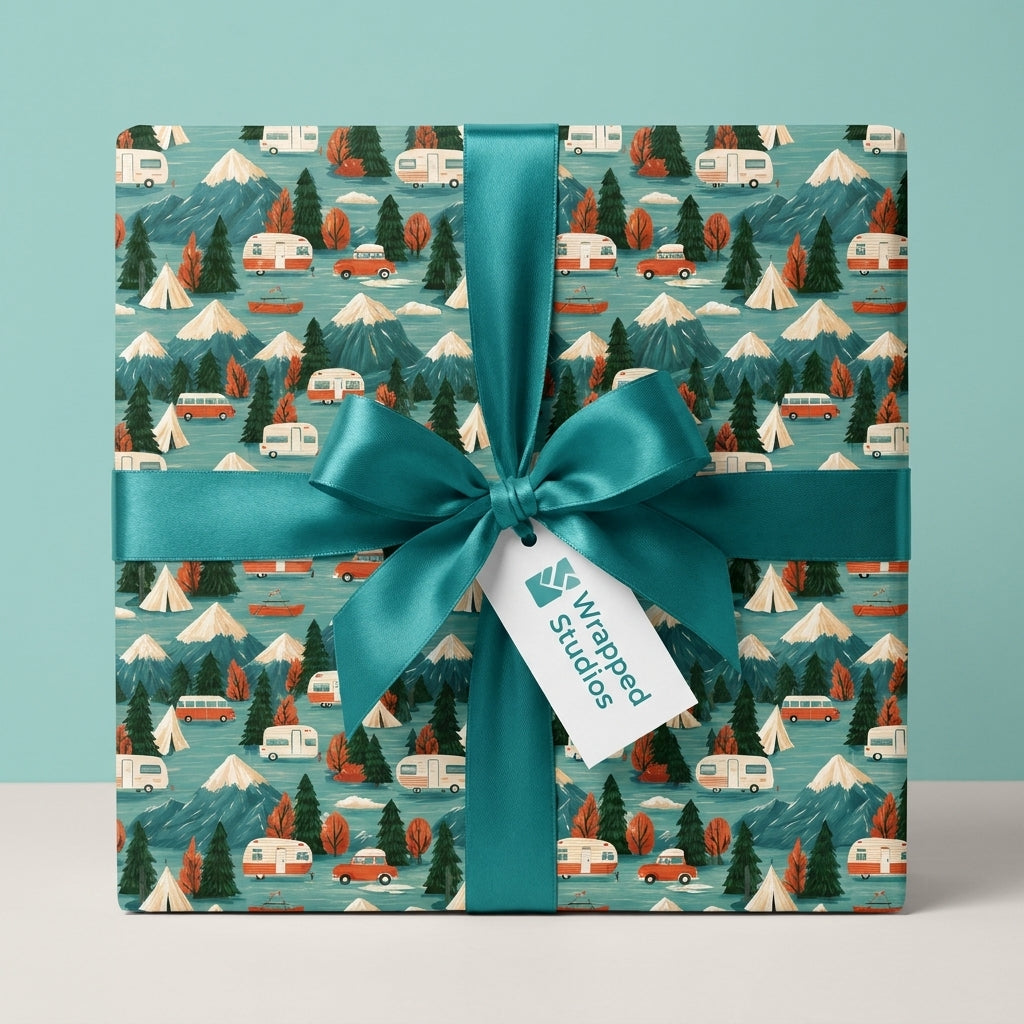 Adventure camping wrapping paper with mountains and retro RVs, tied with a teal bow by Wrapped Studios.