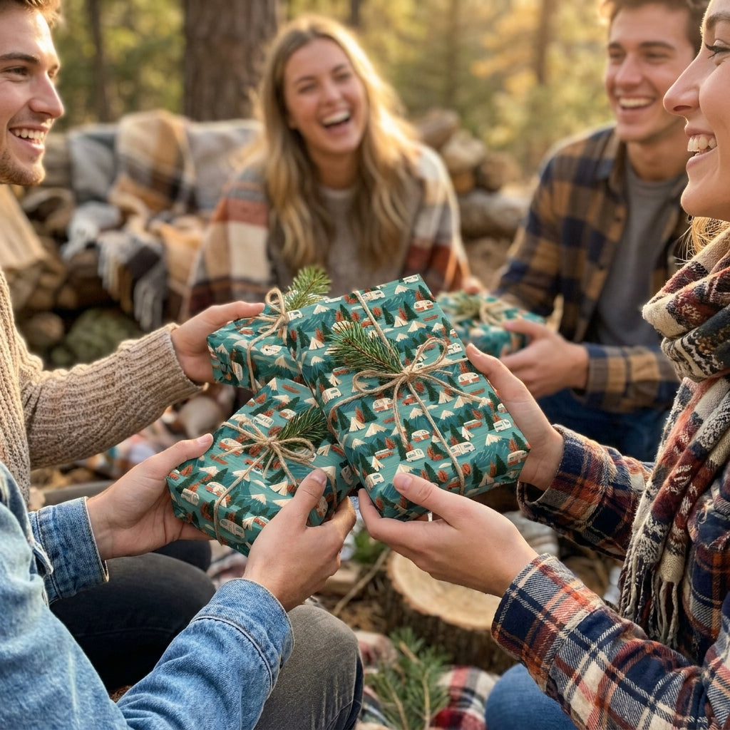 Rustic camping wrapping paper with pine and twine on gifts exchanged by friends, by Wrapped Studios.