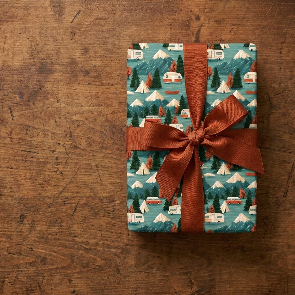 Camping wrapping paper with mountains and campers tied with a rust ribbon on a wood table by Wrapped Studios.