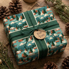 Rustic camping wrapping paper with a mountain and tent pattern, tied with green ribbon by Wrapped Studios.