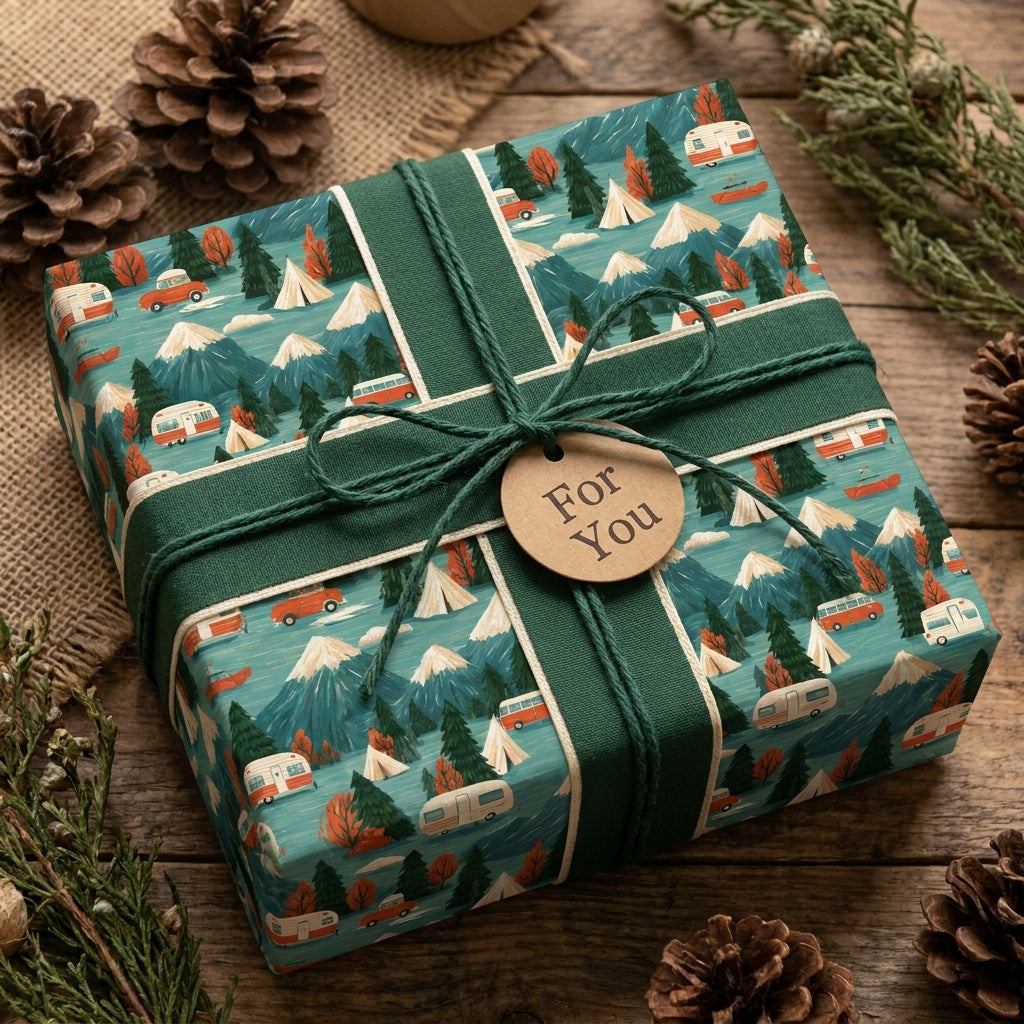 Rustic camping wrapping paper with a mountain and tent pattern, tied with green ribbon by Wrapped Studios.