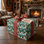 Retro camper Christmas wrapping paper with red ribbon in a cozy fireside cabin, by Wrapped Studios.