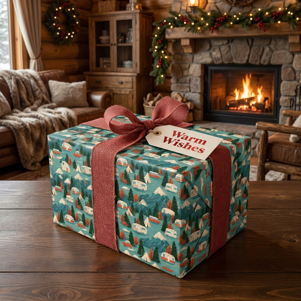Retro camper Christmas wrapping paper with red ribbon in a cozy fireside cabin, by Wrapped Studios.