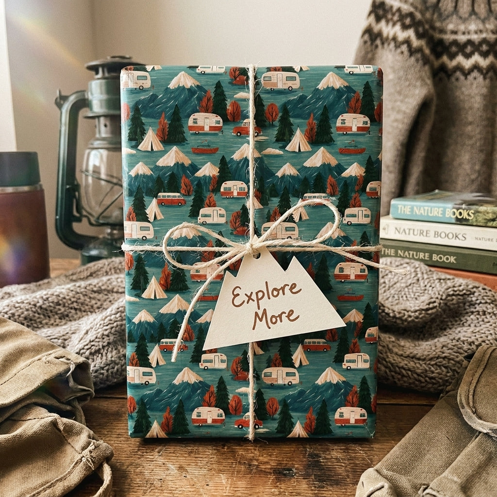 Cozy camping wrapping paper with mountains and vintage campers by Wrapped Studios, tied with rustic twine.