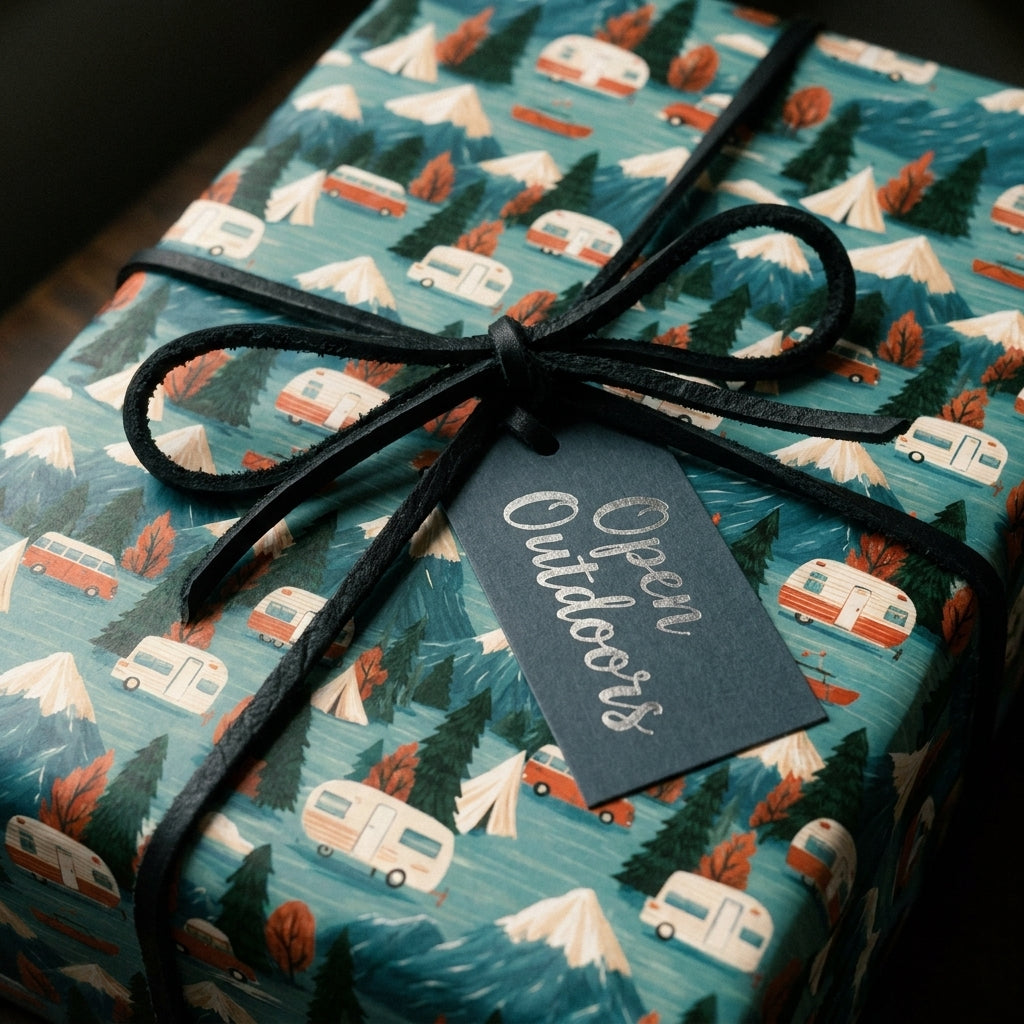 Rustic camping wrapping paper with mountains and trailers, tied with a black bow by Wrapped Studios.