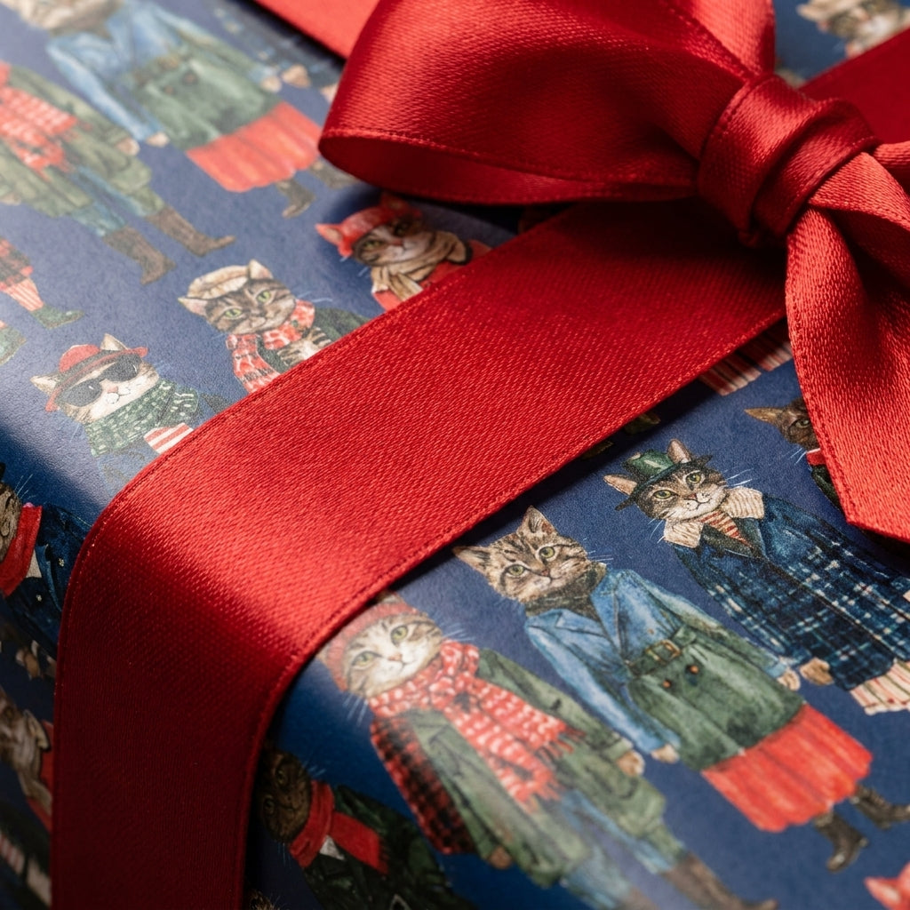 Whimsical winter cat wrapping paper with a red satin ribbon, cute holiday gift wrap by Wrapped Studios.