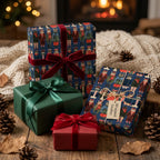 Cute Christmas cat wrapping paper by Wrapped Studios on cozy holiday gifts with velvet bows.