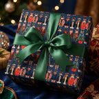 Cat Christmas wrapping paper featuring dressed-up winter cats and green ribbon by Wrapped Studios.