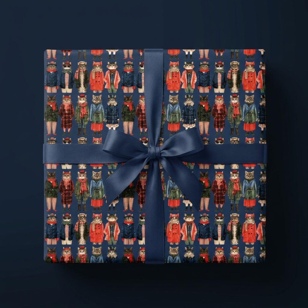Cute Christmas cat wrapping paper featuring dressed-up cats and a navy ribbon, by Wrapped Studios.