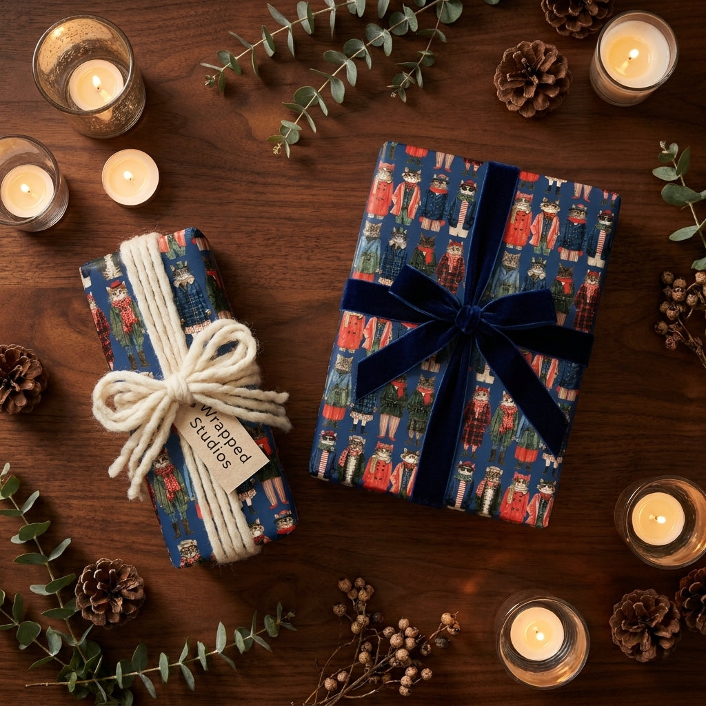 Cat holiday wrapping paper by Wrapped Studios on gifts with a velvet ribbon and cozy winter decor.