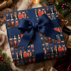 Navy blue cat Christmas wrapping paper featuring cats in winter coats by Wrapped Studios.