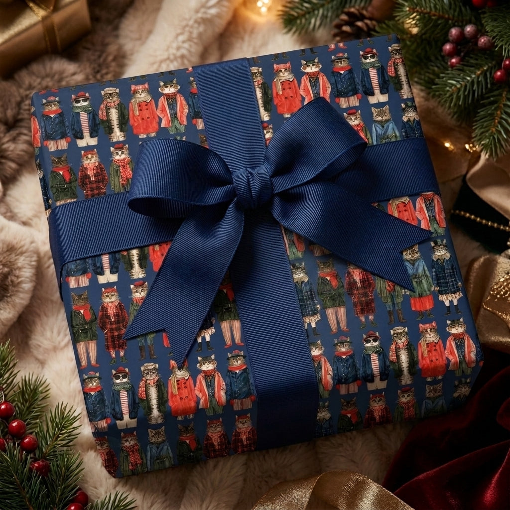 Navy blue cat Christmas wrapping paper featuring cats in winter coats by Wrapped Studios.