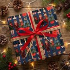 Cat Christmas wrapping paper with red ribbon on rustic holiday background by Wrapped Studios.
