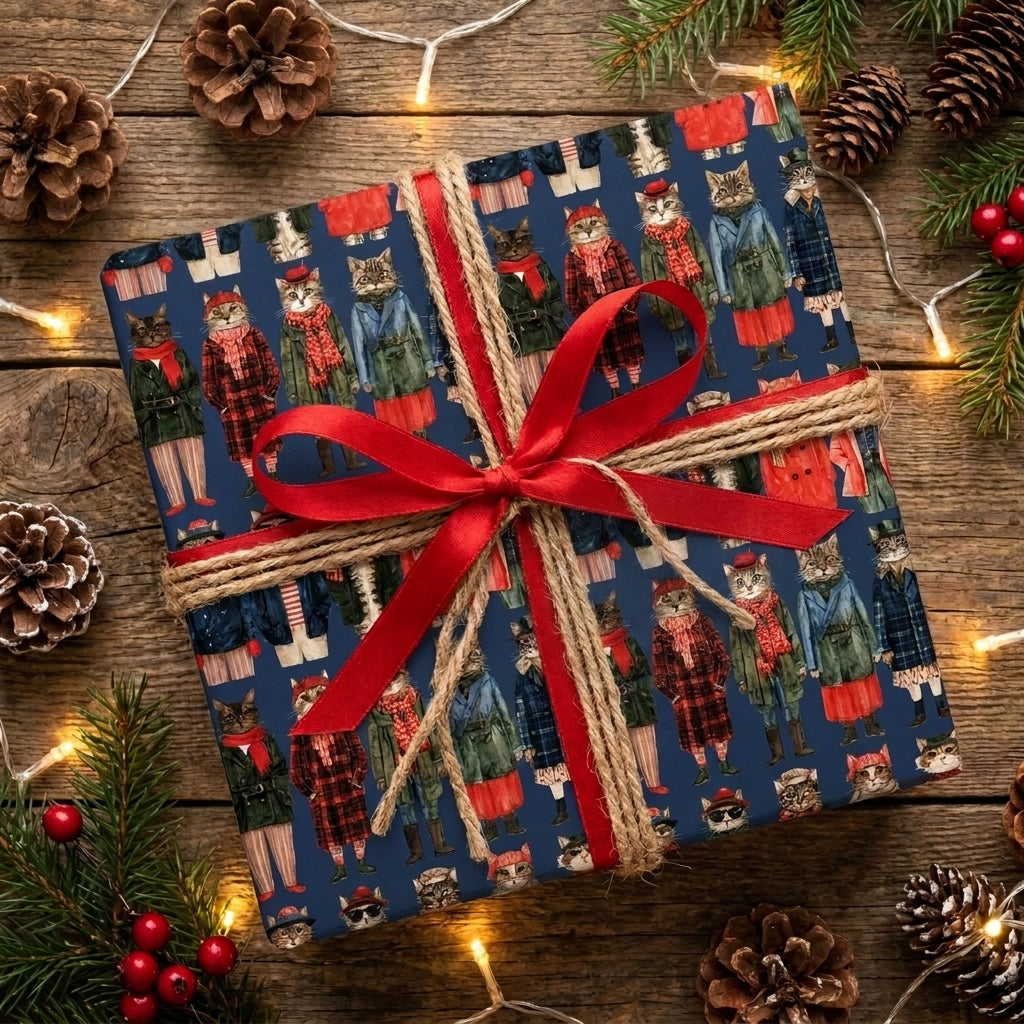 Cat Christmas wrapping paper with red ribbon on rustic holiday background by Wrapped Studios.