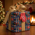 Cat Christmas wrapping paper by Wrapped Studios on a holiday gift with a gold bow by a fireplace.
