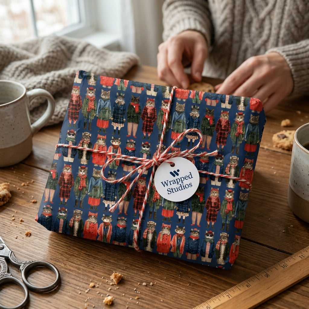Cute winter cat wrapping paper on a gift tied with red twine, by Wrapped Studios.