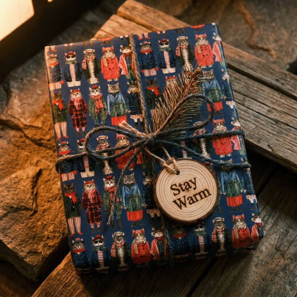 Christmas cat wrapping paper by Wrapped Studios on a gift tied with rustic twine and a "Stay Warm" tag.