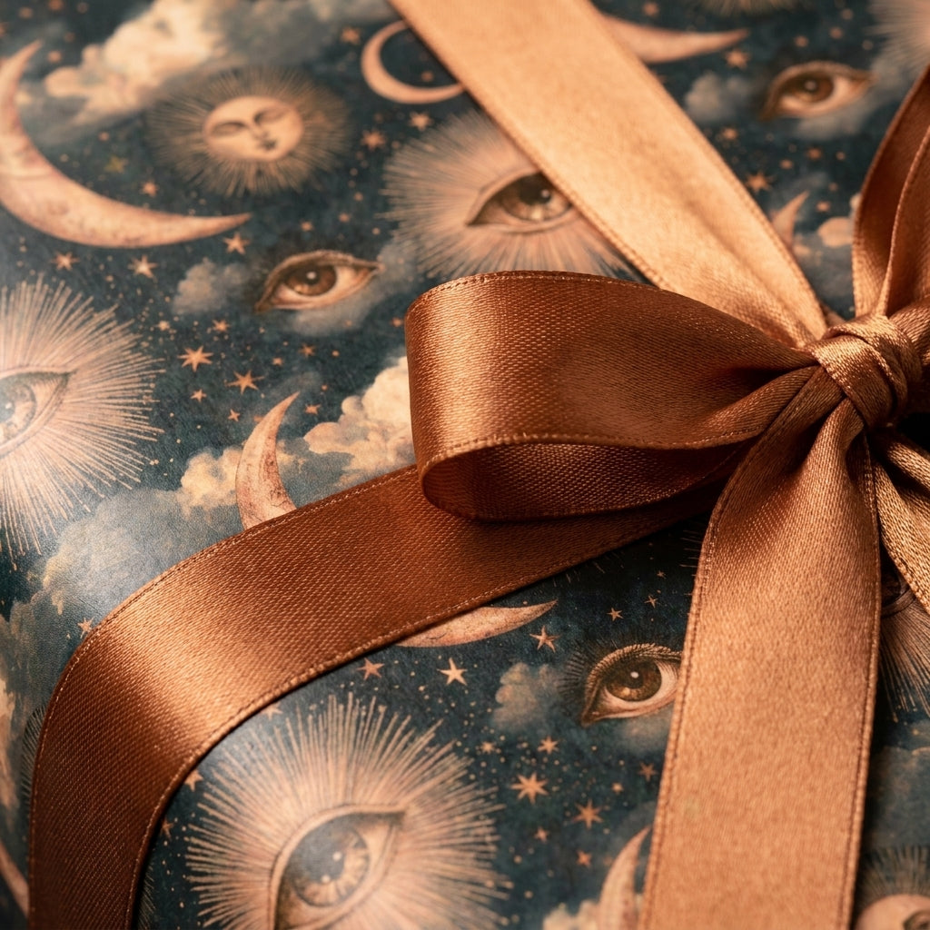 Luxury celestial gift wrap with gold sun, moon, and eye pattern and bronze satin bow by Wrapped Studios.