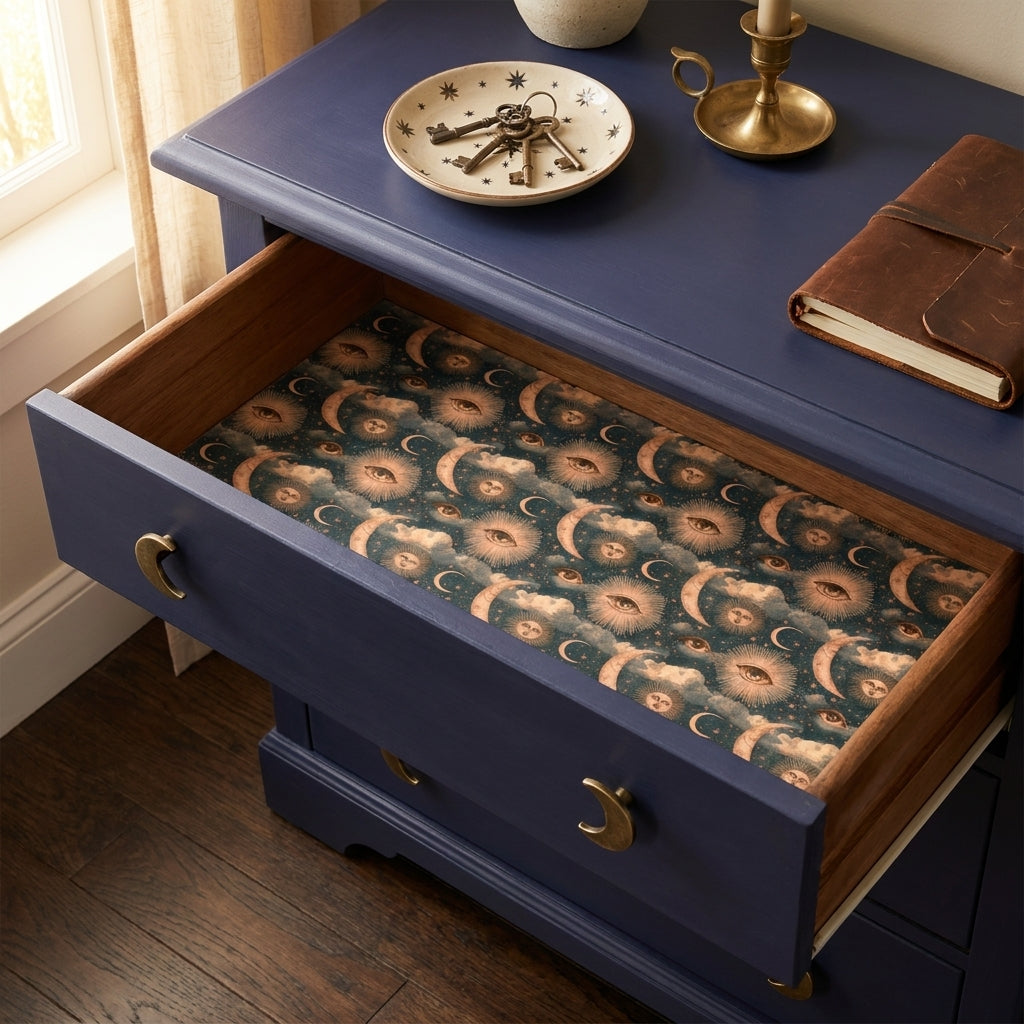 Celestial wrapping paper with sun and moon design used as a drawer liner in a blue dresser by Wrapped Studios.