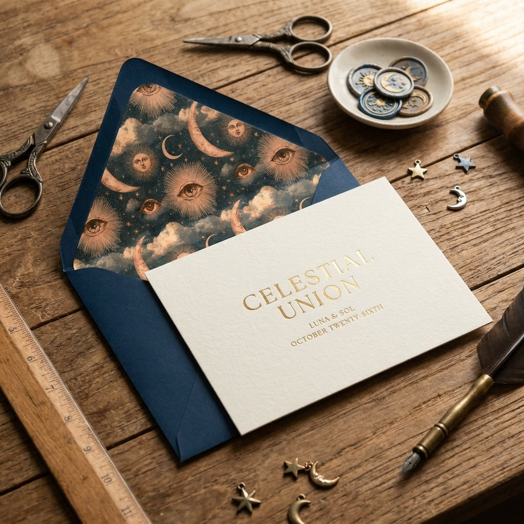 Celestial wedding invitation with vintage sun and moon envelope liner by Wrapped Studios.