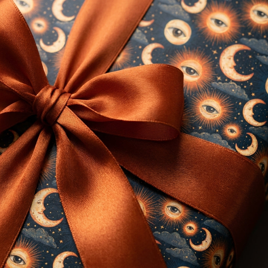 Celestial sun and moon wrapping paper with a copper satin ribbon by Wrapped Studios.