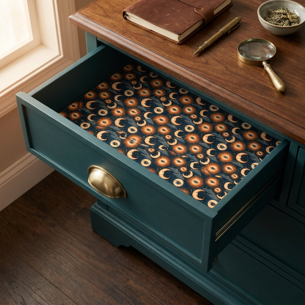 Celestial sun and moon wrapping paper used as a decorative drawer liner by Wrapped Studios.