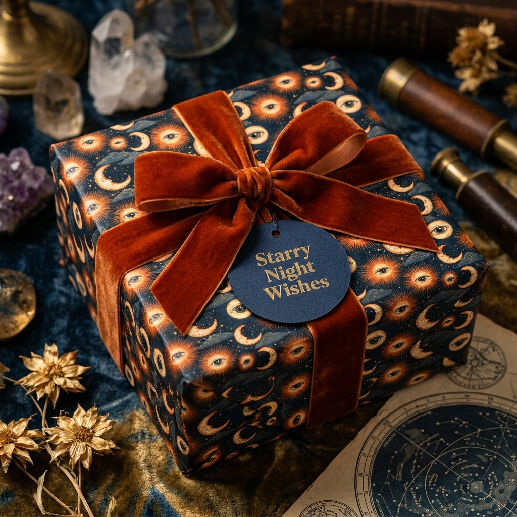 Celestial gift wrap with sun and moon print, tied with a rust velvet bow by Wrapped Studios.