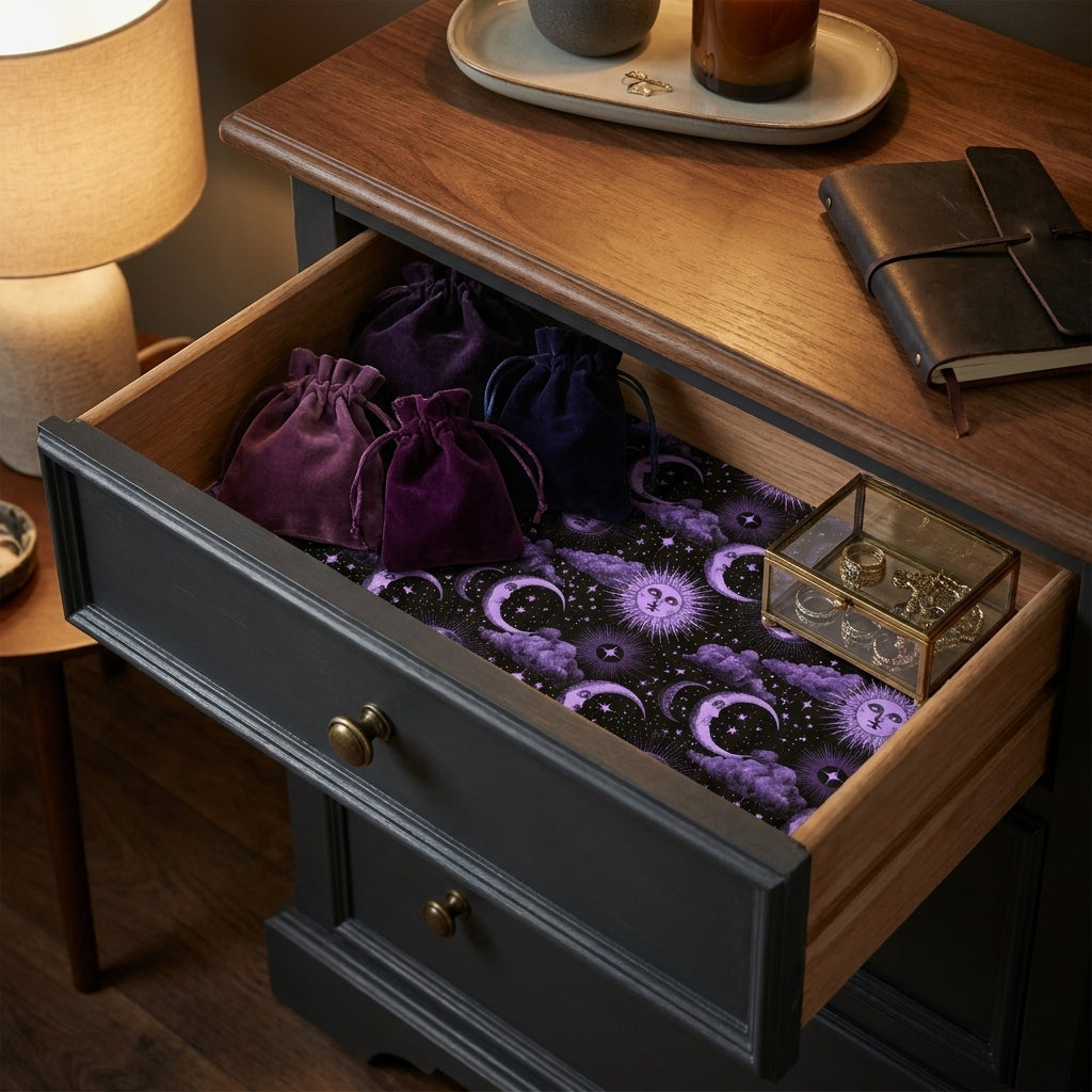 Purple celestial wrapping paper used as a drawer liner in a wooden dresser by Wrapped Studios.