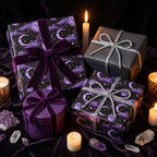 Mystical purple celestial wrapping paper with moon patterns on gothic gifts by Wrapped Studios.