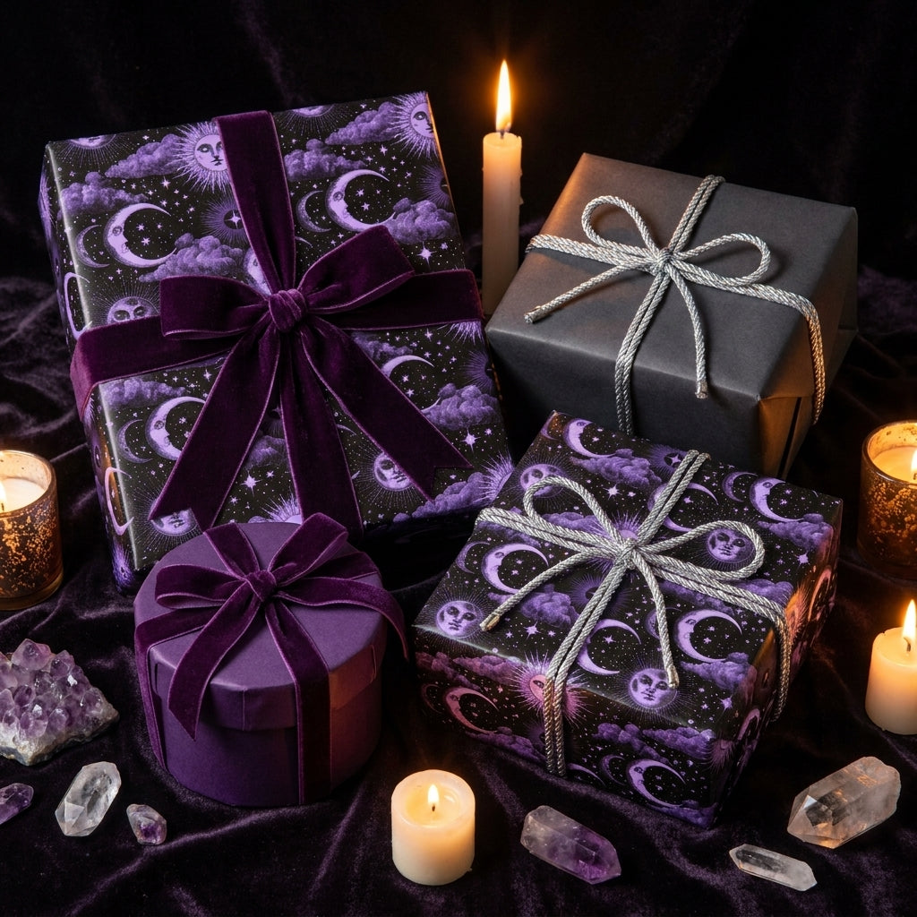 Mystical purple celestial wrapping paper with moon patterns on gothic gifts by Wrapped Studios.