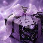 Celestial wrapping paper with purple sun and moon patterns and a lavender bow by Wrapped Studios.