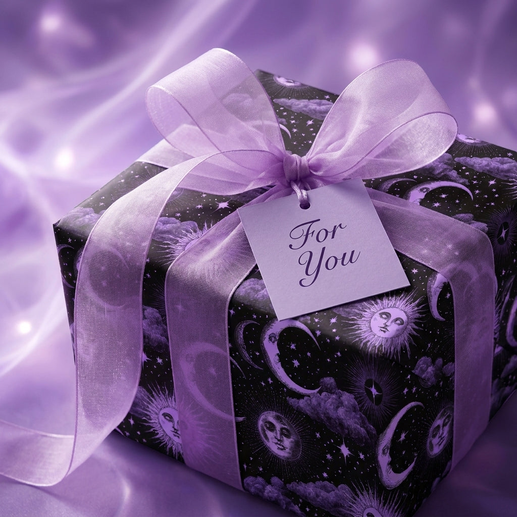 Celestial wrapping paper with purple sun and moon patterns and a lavender bow by Wrapped Studios.
