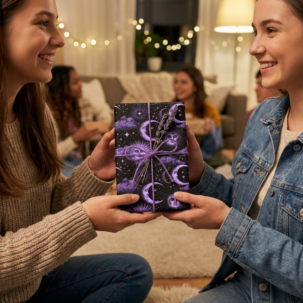 Friends exchanging a gift in purple celestial wrapping paper with moon and star designs by Wrapped Studios.