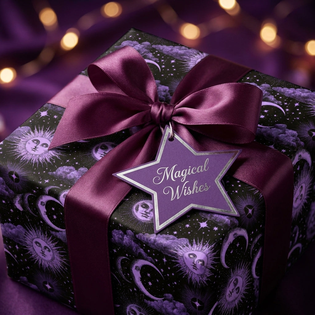 Celestial purple wrapping paper with sun and moon pattern, satin bow, and star tag by Wrapped Studios.
