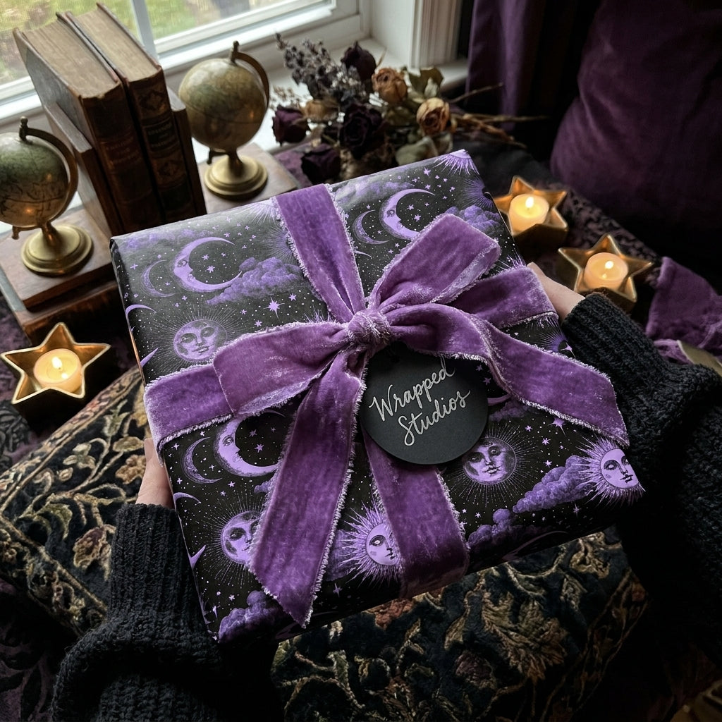 Gothic celestial wrapping paper with purple suns, moons, and a velvet ribbon bow by Wrapped Studios.