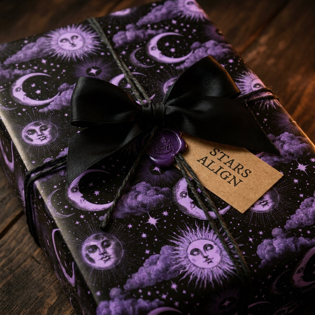 Celestial wrapping paper with purple suns and moons, tied with a black bow and gift tag by Wrapped Studios.