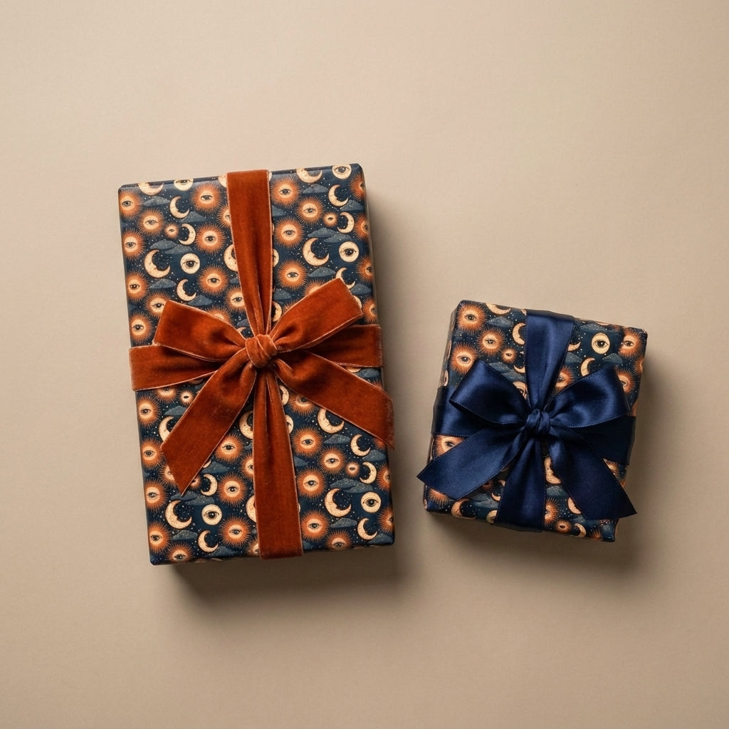 Celestial wrapping paper with sun and moon designs on gifts with luxury velvet and satin bows by Wrapped Studios.