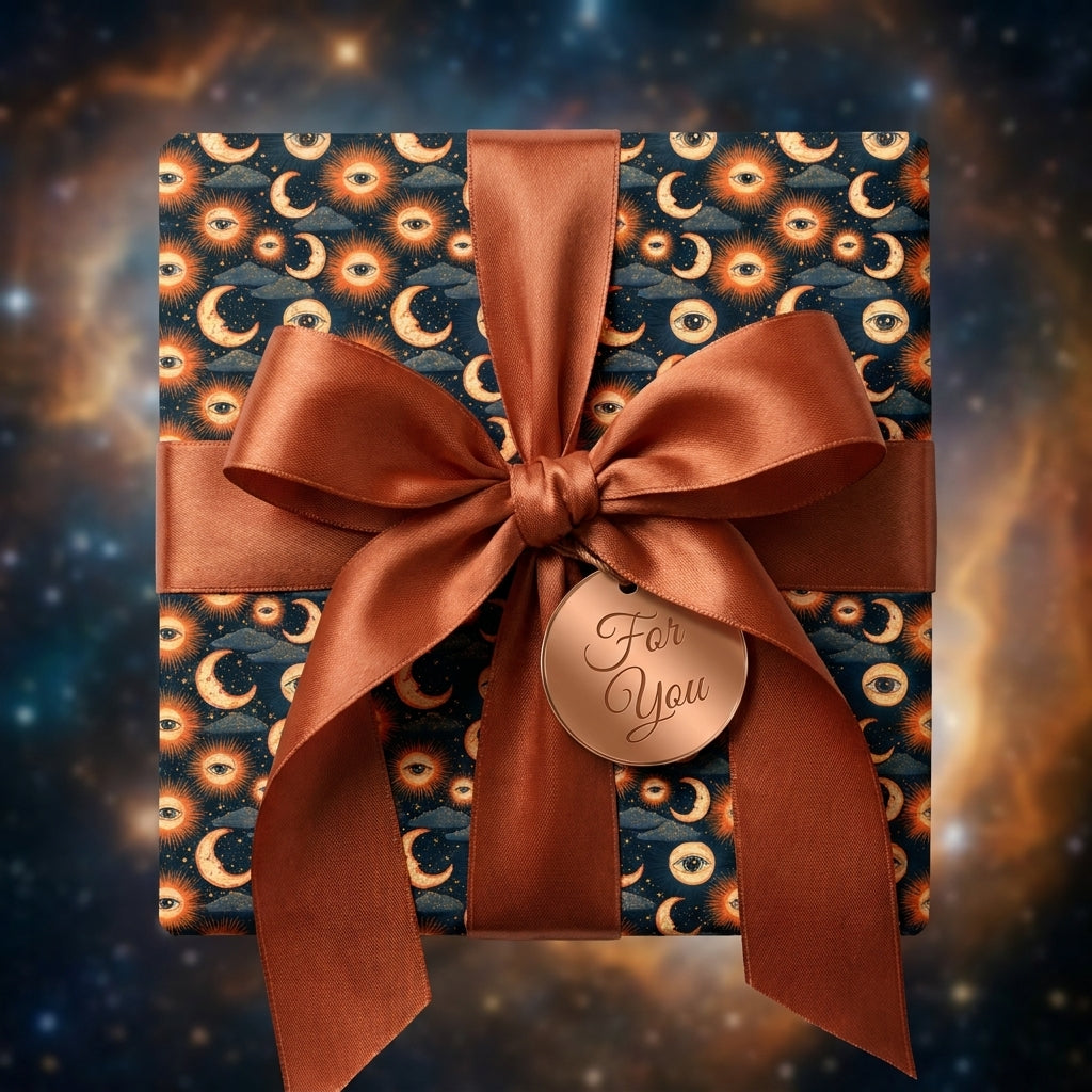 Celestial wrapping paper with mystical sun and moon pattern and satin copper bow by Wrapped Studios.