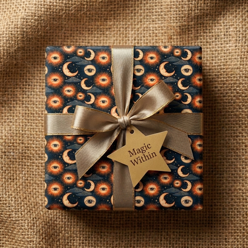 Celestial wrapping paper with mystical sun and moon pattern and gold ribbon by Wrapped Studios.