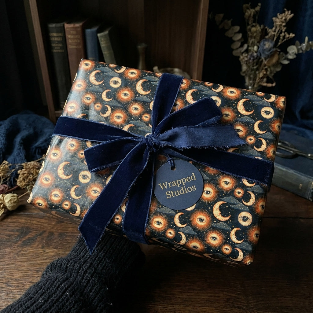 Mystical celestial wrapping paper with a sun and moon pattern and blue velvet bow by Wrapped Studios.