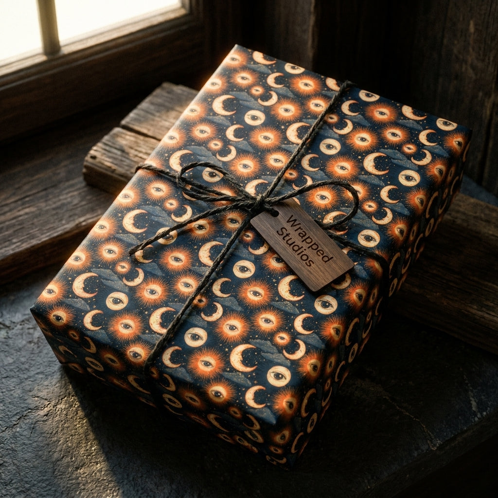 Mystical celestial wrapping paper with a sun and moon pattern on a gift box by Wrapped Studios.