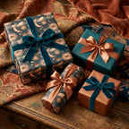 Luxury celestial wrapping paper with vintage sun and moon patterns and velvet bows by Wrapped Studios.