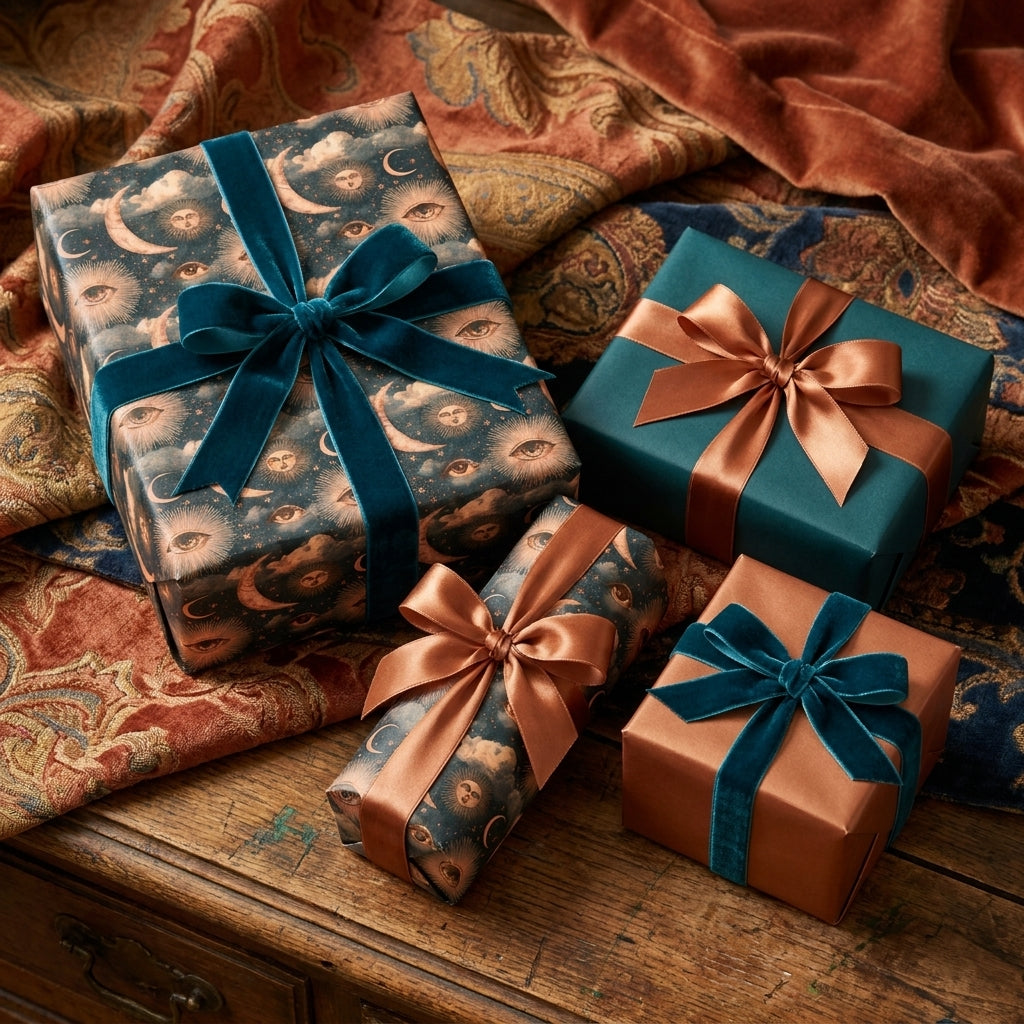 Luxury celestial wrapping paper with vintage sun and moon patterns and velvet bows by Wrapped Studios.