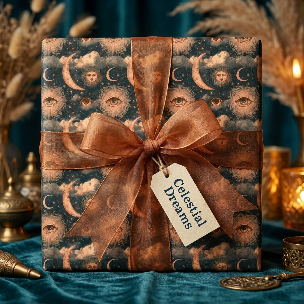 Celestial wrapping paper with a vintage sun and moon pattern, tied with a bronze ribbon by Wrapped Studios.