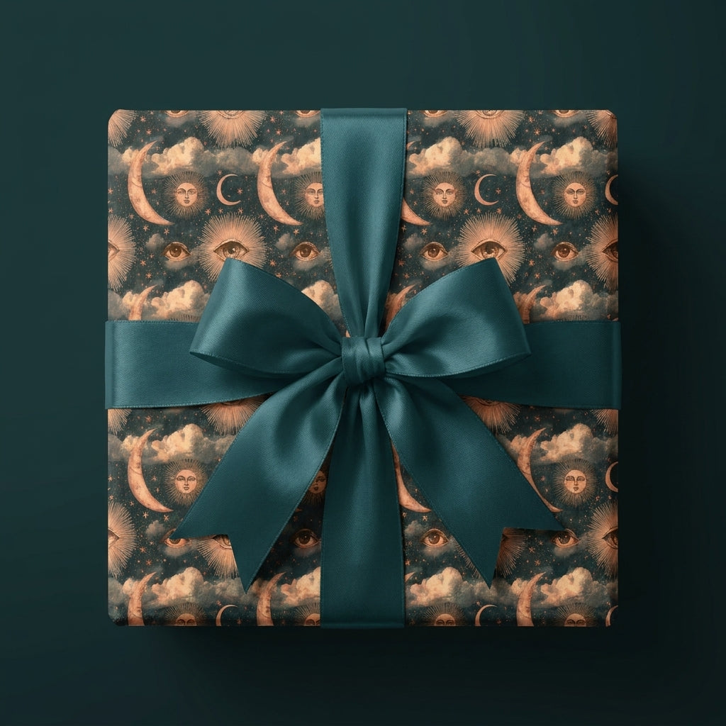 Celestial wrapping paper with a vintage sun and moon pattern and teal satin bow, by Wrapped Studios.