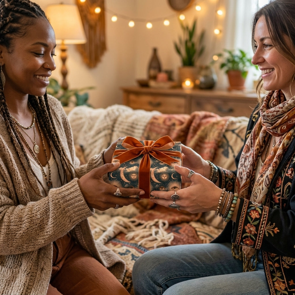 Friends sharing a gift in celestial wrapping paper with velvet ribbon by Wrapped Studios.