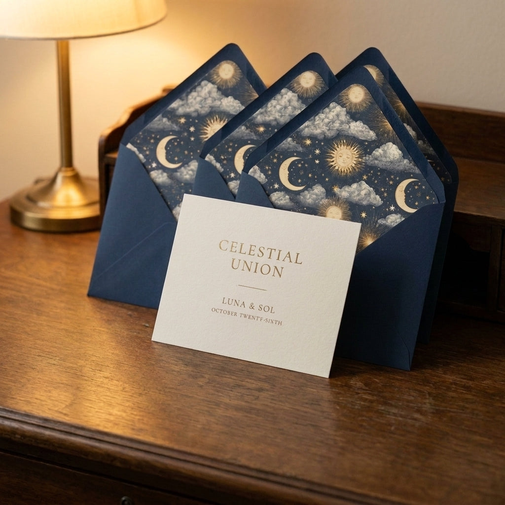 Celestial wedding invitations with navy blue envelopes lined in a gold sun and moon pattern by Wrapped Studios.