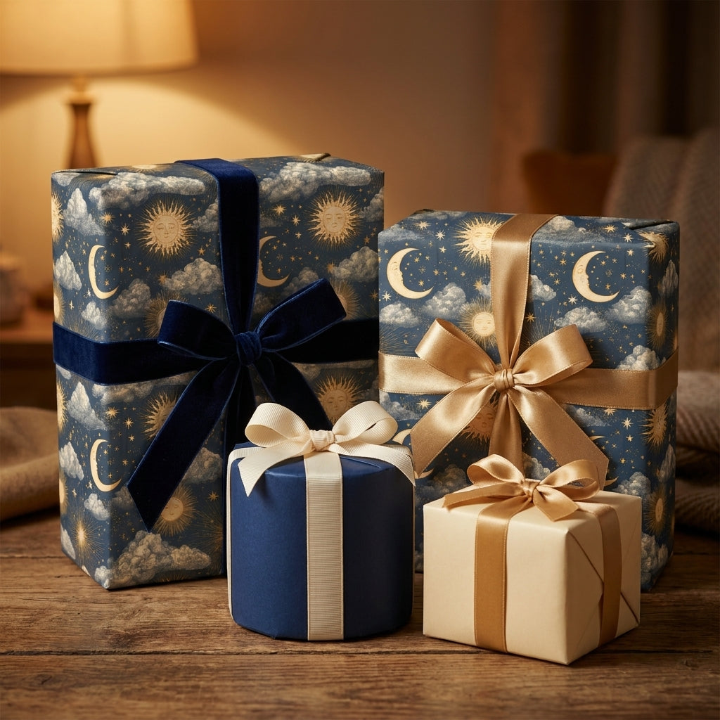 Celestial wrapping paper with vintage gold sun and moon designs on navy gift boxes by Wrapped Studios.