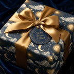 Celestial luxury gift wrap with gold moon and sun pattern, satin ribbon, and tag by Wrapped Studios.